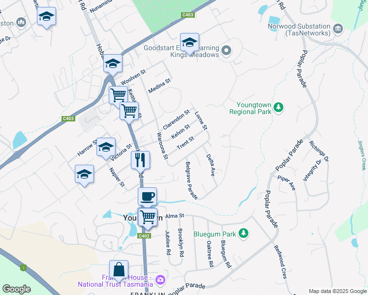 map of restaurants, bars, coffee shops, grocery stores, and more near 14 Trent Street in Youngtown