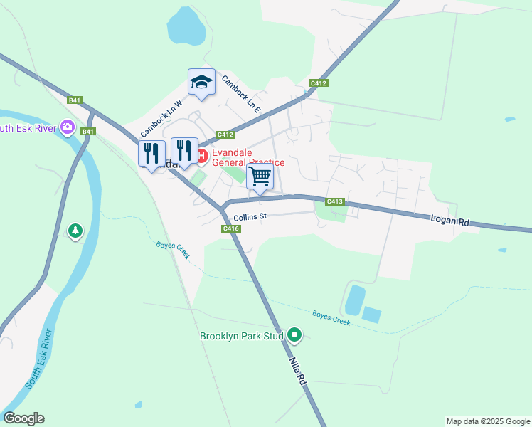 map of restaurants, bars, coffee shops, grocery stores, and more near 12 Collins Street in Evandale