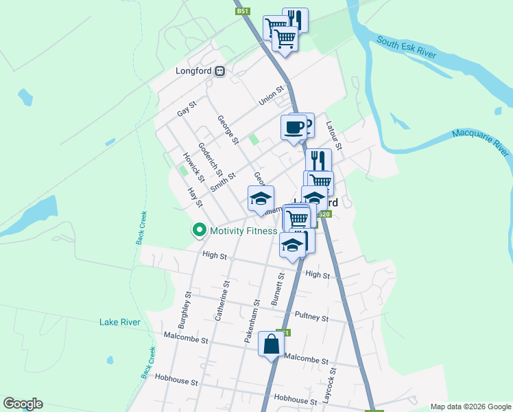 map of restaurants, bars, coffee shops, grocery stores, and more near 4 William Street in Longford