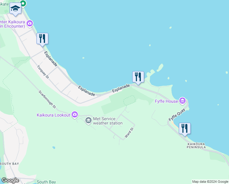 map of restaurants, bars, coffee shops, grocery stores, and more near 270 Esplanade in Kaikoura