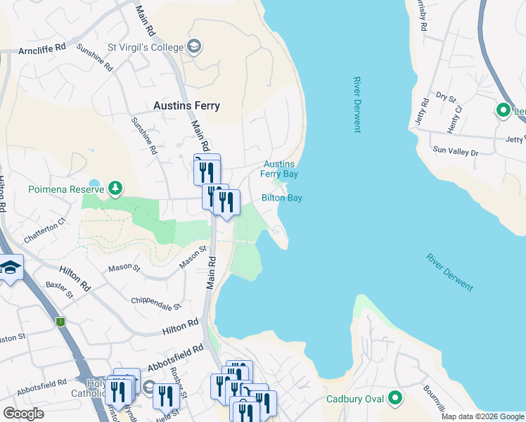 map of restaurants, bars, coffee shops, grocery stores, and more near 2 Harbinger Lane in Austins Ferry