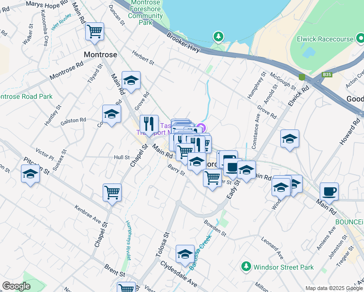 map of restaurants, bars, coffee shops, grocery stores, and more near 387-391 Main Road in Glenorchy