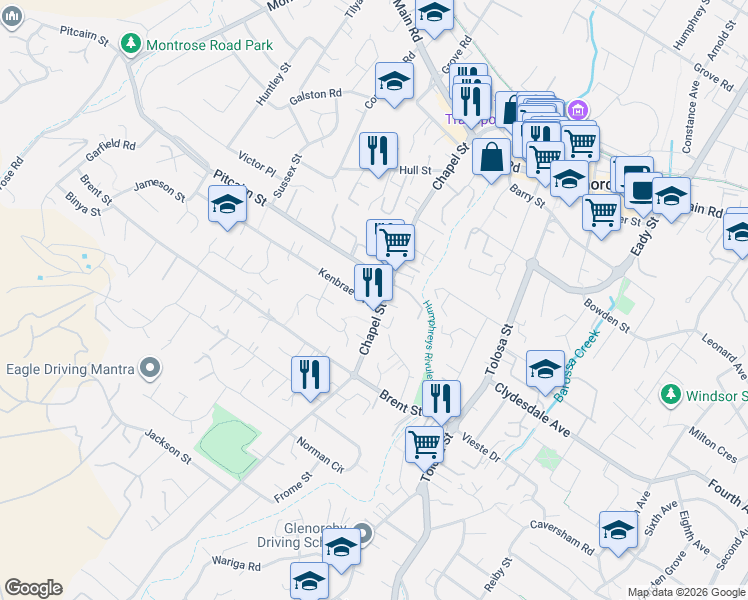 map of restaurants, bars, coffee shops, grocery stores, and more near 66 Chapel Street in Glenorchy