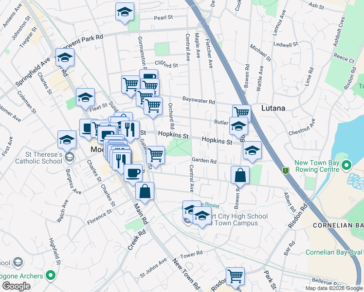map of restaurants, bars, coffee shops, grocery stores, and more near 7 Gormanston Road in Moonah