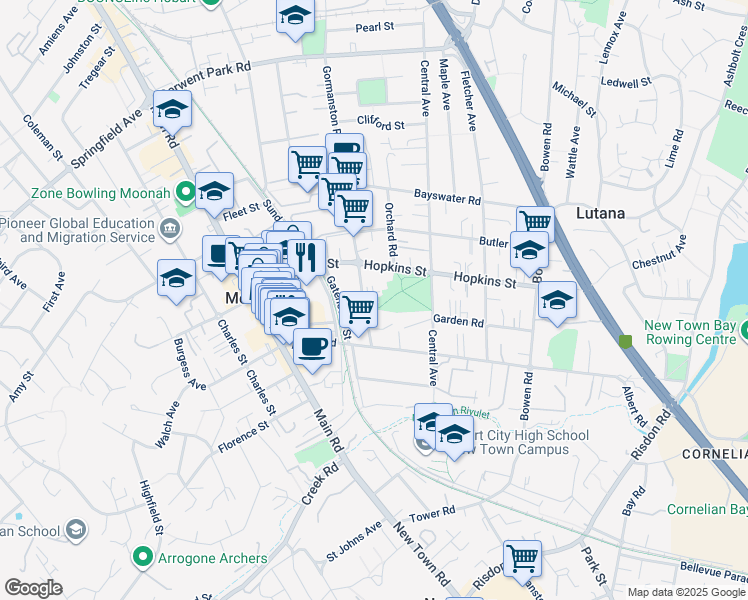map of restaurants, bars, coffee shops, grocery stores, and more near 7 Gormanston Road in Moonah