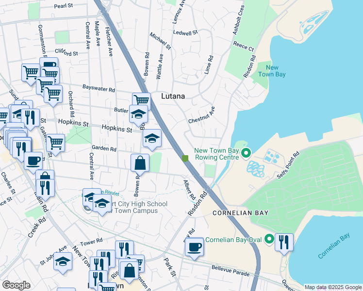 map of restaurants, bars, coffee shops, grocery stores, and more near 325 Brooker Highway in Lutana