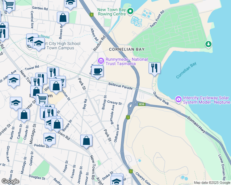 map of restaurants, bars, coffee shops, grocery stores, and more near Loina Street in New Town