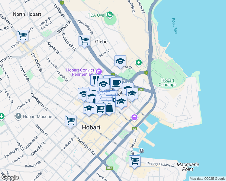 map of restaurants, bars, coffee shops, grocery stores, and more near 6 Bathurst Street in Hobart