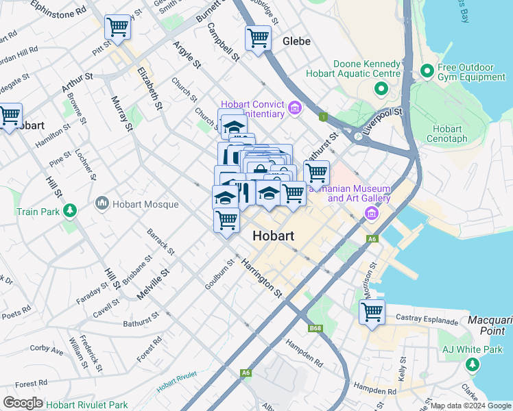 map of restaurants, bars, coffee shops, grocery stores, and more near 99 Bathurst Street in Hobart