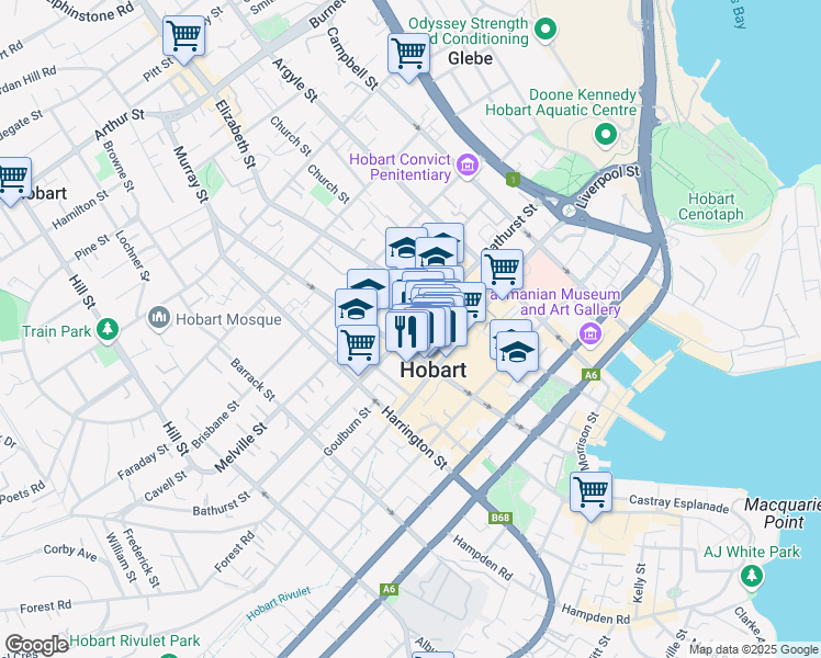 map of restaurants, bars, coffee shops, grocery stores, and more near 99 Bathurst Street in Hobart