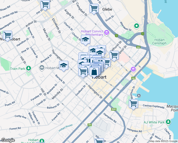 map of restaurants, bars, coffee shops, grocery stores, and more near 126 Murray Street in Hobart