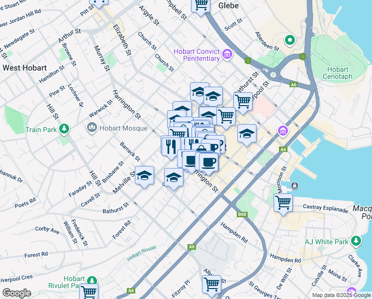 map of restaurants, bars, coffee shops, grocery stores, and more near 126 Bathurst Street in Hobart