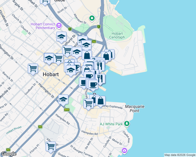 map of restaurants, bars, coffee shops, grocery stores, and more near 1 Franklin Wharf in Hobart