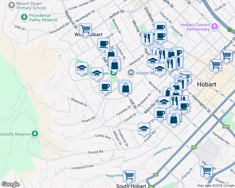 map of restaurants, bars, coffee shops, grocery stores, and more near 8 Allison Street in West Hobart