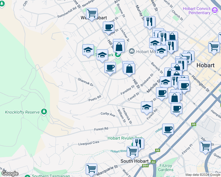 map of restaurants, bars, coffee shops, grocery stores, and more near 16 Bonnington Road in West Hobart