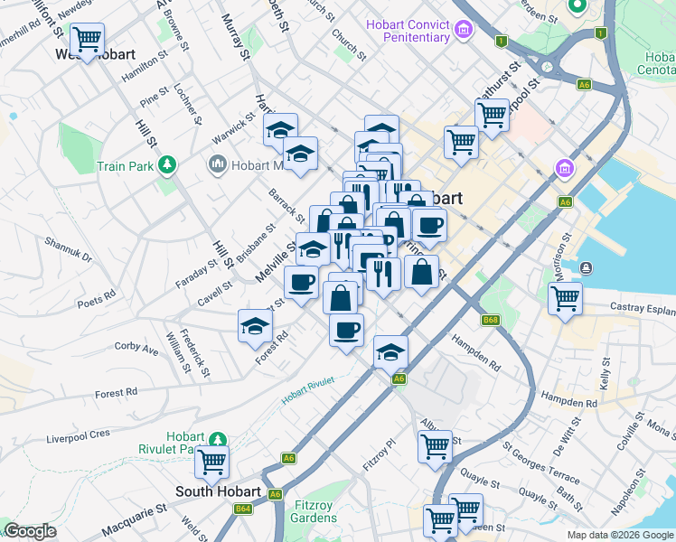 map of restaurants, bars, coffee shops, grocery stores, and more near 51 Goulburn Street in Hobart
