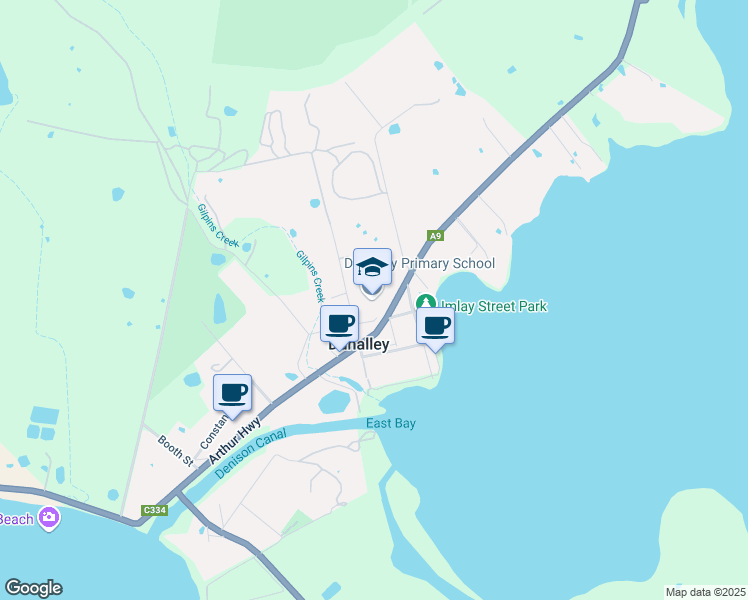 map of restaurants, bars, coffee shops, grocery stores, and more near 20 Bay Street in Dunalley