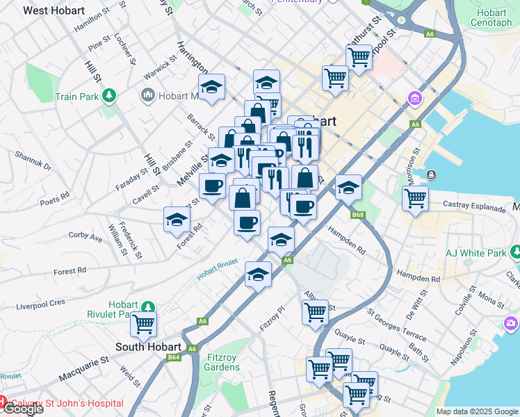 map of restaurants, bars, coffee shops, grocery stores, and more near 199 Collins Street in Hobart