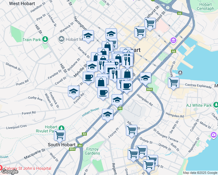 map of restaurants, bars, coffee shops, grocery stores, and more near 199 Collins Street in Hobart