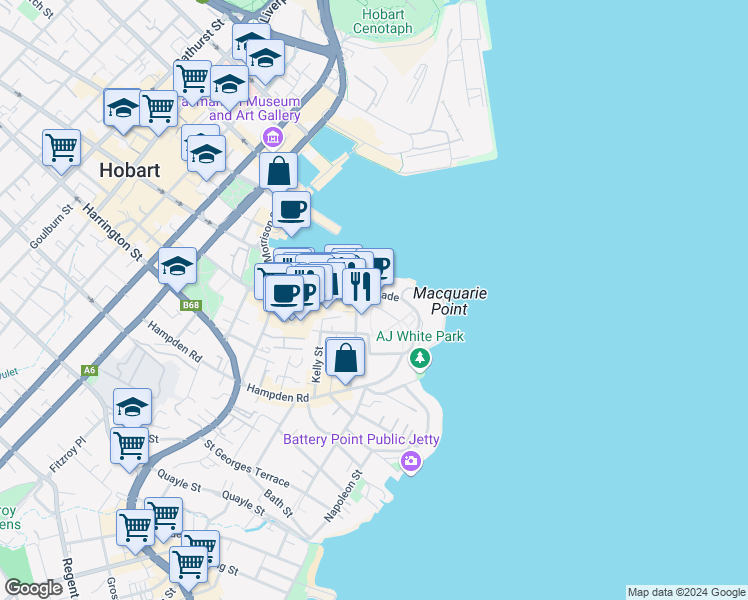 map of restaurants, bars, coffee shops, grocery stores, and more near 13-17 Castray Esplanade in Battery Point