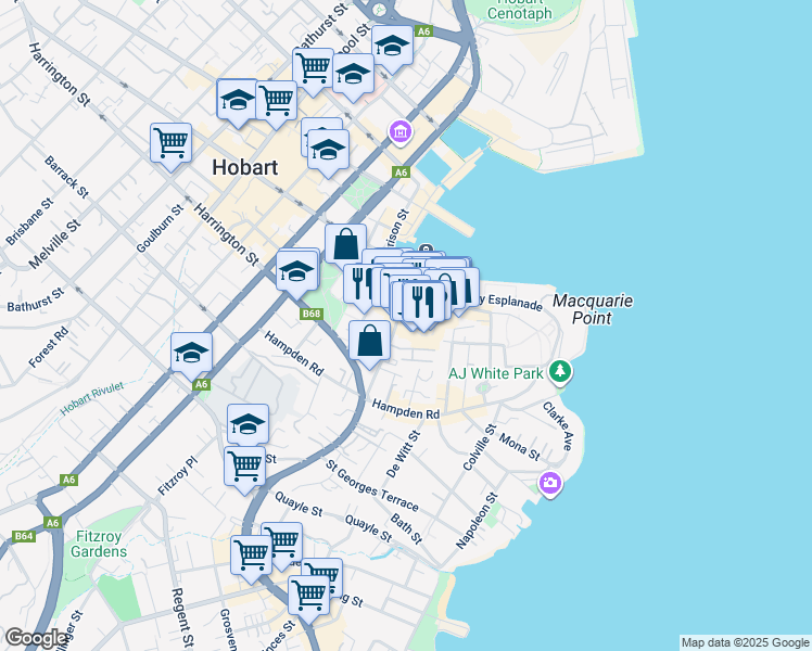 map of restaurants, bars, coffee shops, grocery stores, and more near 4 Salamanca Square in Battery Point