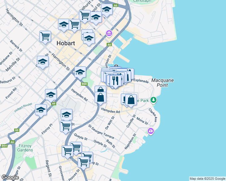 map of restaurants, bars, coffee shops, grocery stores, and more near 4 Salamanca Square in Battery Point