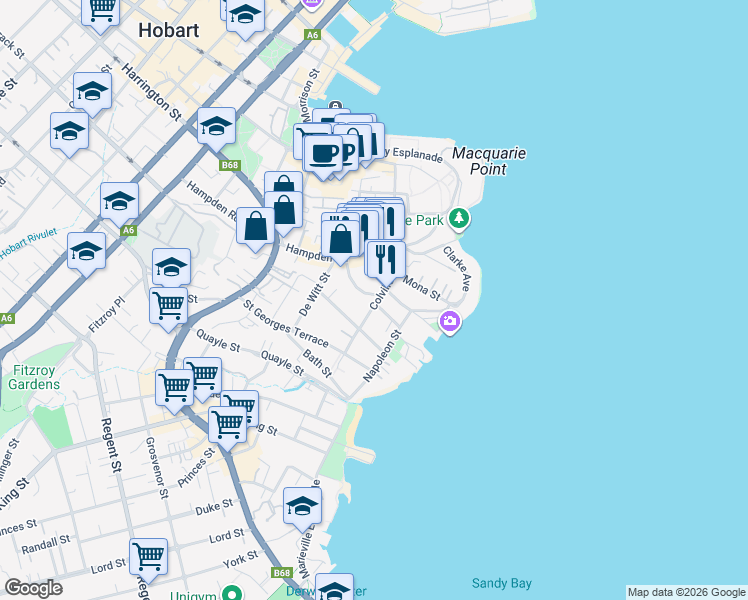 map of restaurants, bars, coffee shops, grocery stores, and more near 31 Colville Street in Battery Point