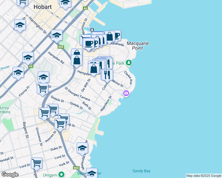map of restaurants, bars, coffee shops, grocery stores, and more near 10 Trumpeter Street in Battery Point