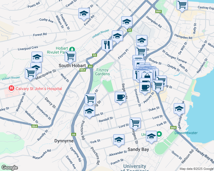 map of restaurants, bars, coffee shops, grocery stores, and more near 11 Parliament Street in Sandy Bay