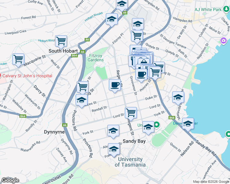 map of restaurants, bars, coffee shops, grocery stores, and more near 4 Crisp Street in Sandy Bay