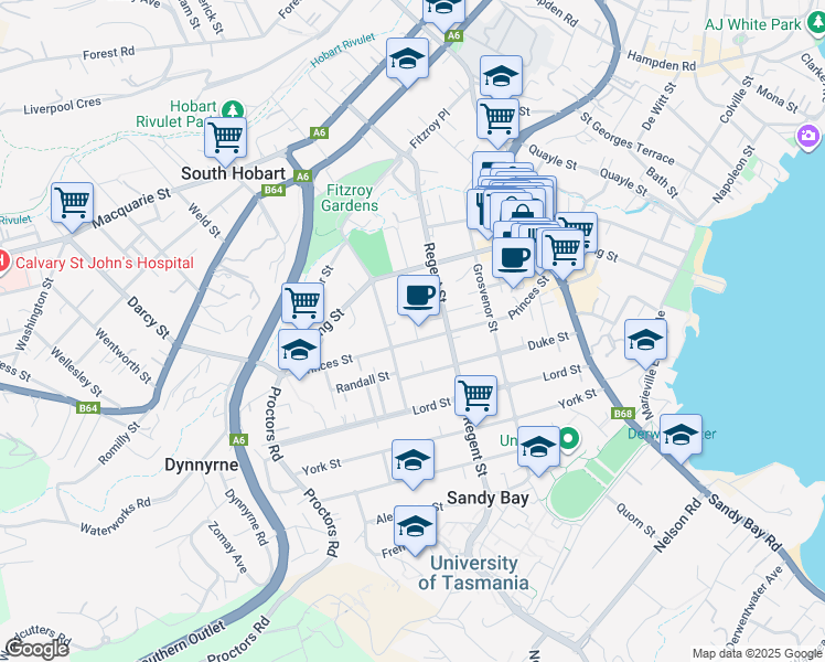 map of restaurants, bars, coffee shops, grocery stores, and more near 4 Crisp Street in Sandy Bay