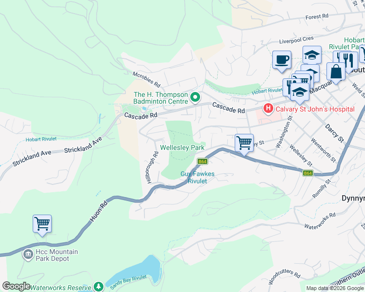 map of restaurants, bars, coffee shops, grocery stores, and more near 136 Wentworth Street in South Hobart