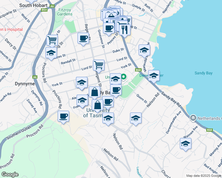 map of restaurants, bars, coffee shops, grocery stores, and more near in Sandy Bay
