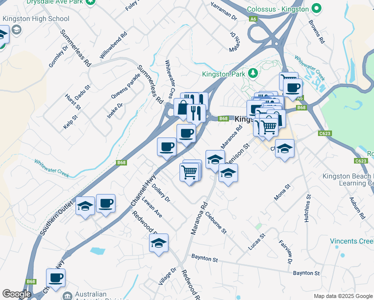 map of restaurants, bars, coffee shops, grocery stores, and more near Channel Highway in Kingston