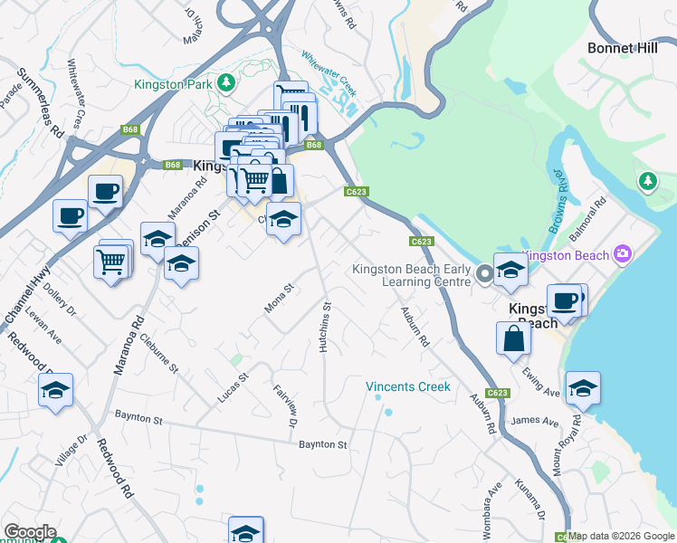 map of restaurants, bars, coffee shops, grocery stores, and more near 34 Hutchins Street in Kingston