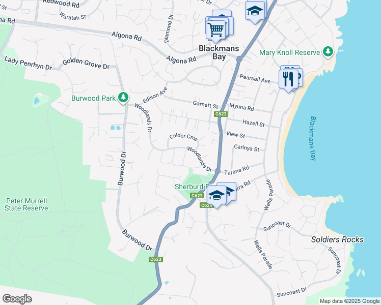 map of restaurants, bars, coffee shops, grocery stores, and more near 20 Woodlands Drive in Blackmans Bay