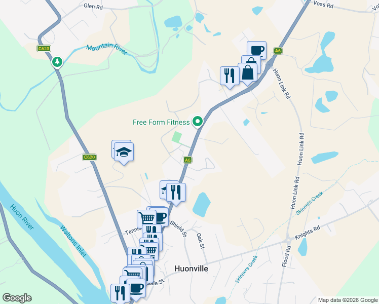 map of restaurants, bars, coffee shops, grocery stores, and more near 133 Main Street in Huonville