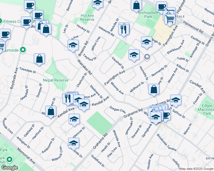 map of restaurants, bars, coffee shops, grocery stores, and more near 0 Farrington Avenue in Christchurch