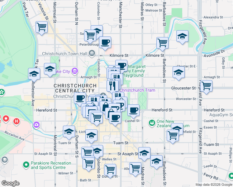 map of restaurants, bars, coffee shops, grocery stores, and more near 117 Worcester Street in Christchurch