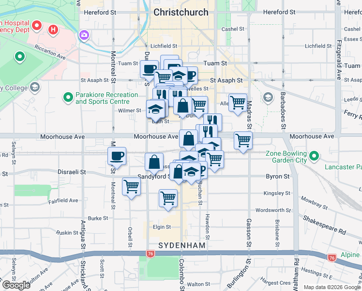 map of restaurants, bars, coffee shops, grocery stores, and more near Colombo Street in Christchurch
