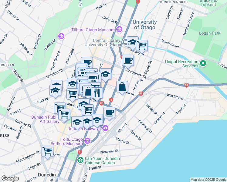 map of restaurants, bars, coffee shops, grocery stores, and more near 192 Castle Street in Dunedin