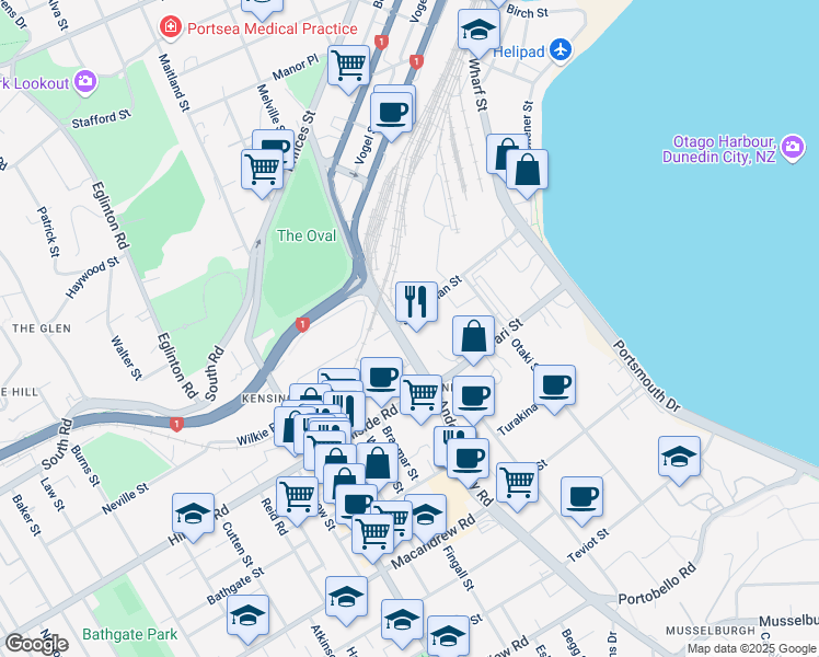 map of restaurants, bars, coffee shops, grocery stores, and more near 272 Andersons Bay Road in Dunedin