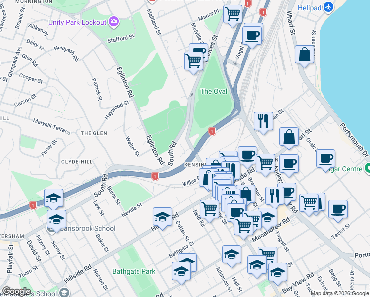 map of restaurants, bars, coffee shops, grocery stores, and more near 78 Phillips Street in Dunedin