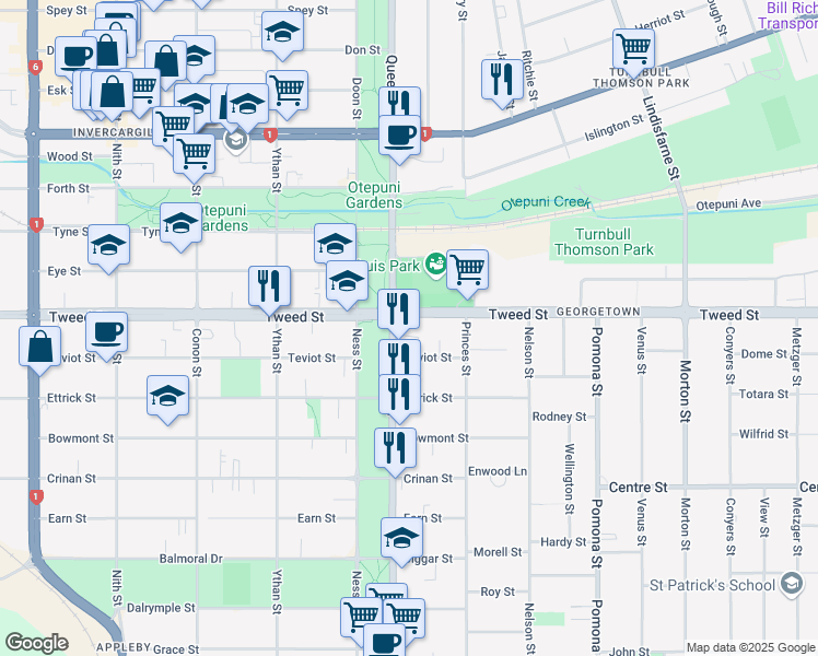 map of restaurants, bars, coffee shops, grocery stores, and more near Tweed Street in Invercargill