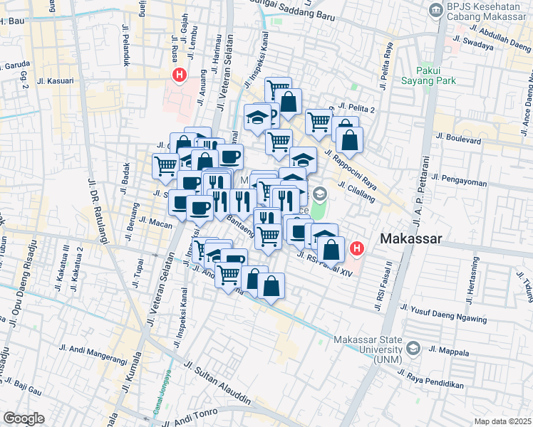 map of restaurants, bars, coffee shops, grocery stores, and more near Jalan Wijaya Kusuma Raya in Makassar