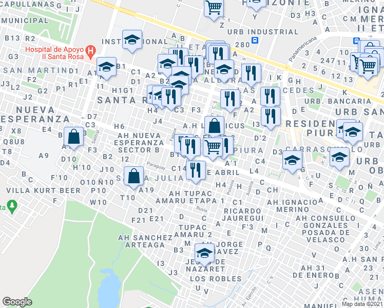 map of restaurants, bars, coffee shops, grocery stores, and more near Avenida Circunvalación in Piura