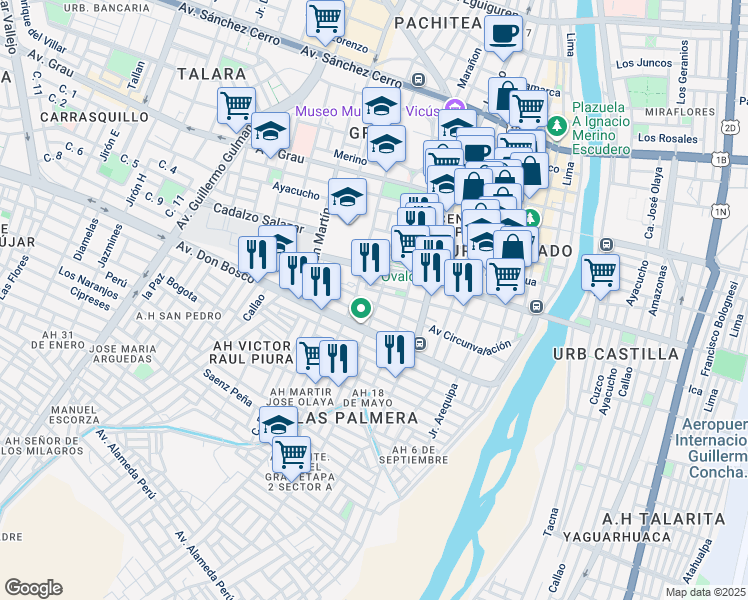 map of restaurants, bars, coffee shops, grocery stores, and more near Avenida Circunvalación in Piura