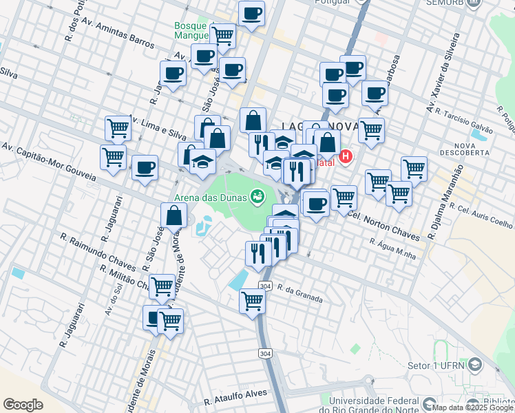 map of restaurants, bars, coffee shops, grocery stores, and more near 5121 Avenida Prudente de Morais in Natal