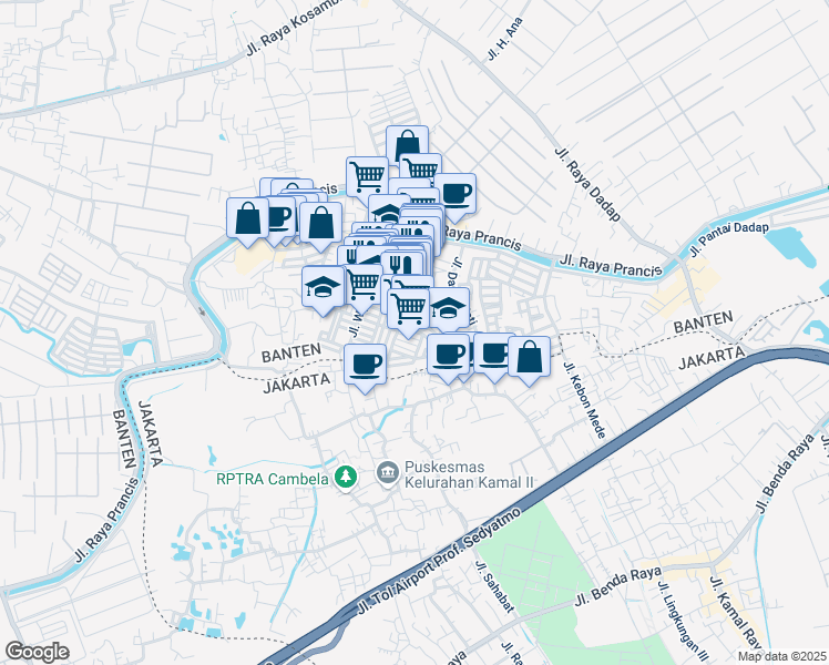 map of restaurants, bars, coffee shops, grocery stores, and more near Jalan Mawar I in Kota Tangerang