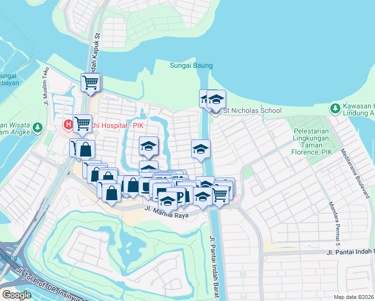 map of restaurants, bars, coffee shops, grocery stores, and more near Jalan Akasia Golf VII in Jakarta Utara